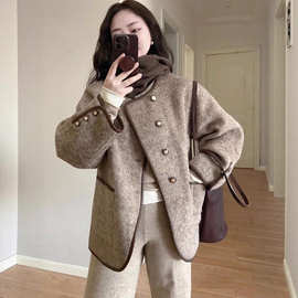 短款小香风法式赫本风圆领毛呢外套女美拉德小个子呢子大衣韩系潮