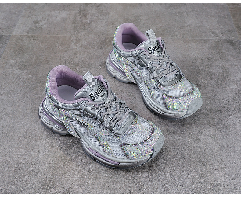 Giày sneaker nữ chunky đế dày, lưới thoáng khí, phối đá đính, phong cách thể thao — màu xám chi tiết 13
