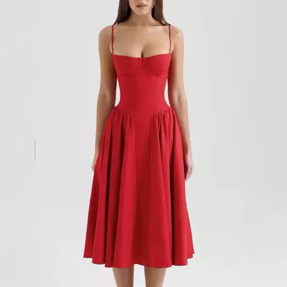 Summer New Sling Dress Backless Midi Dress Europe and America 0 Sexy C7A362025 Wire Wholesale Red