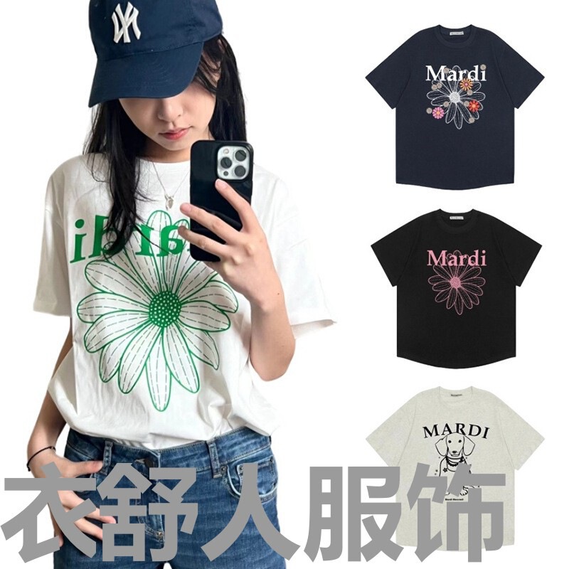 Korean Trendy Brand Short-Sleeved Daisy Dachshund Dog Print Summer Round Neck Pure Cotton Gold and Silver Same Style Loose T-Shirt for Women