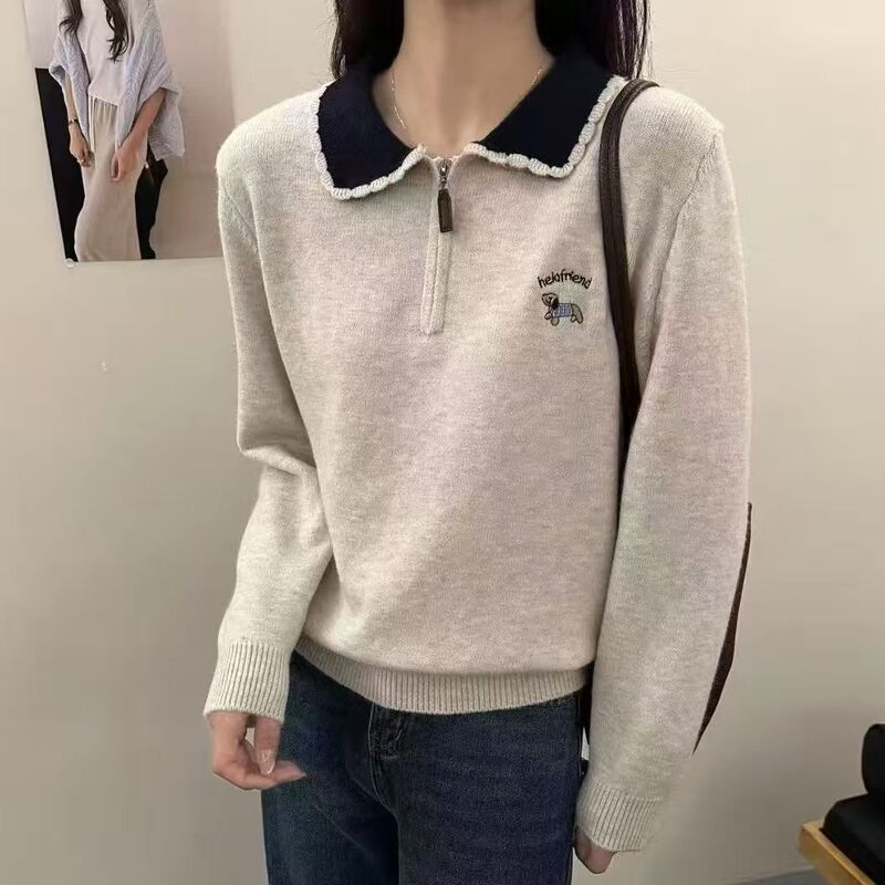 Polo Collar Color-Block Knit Long-Sleeve Top for Women 2025 Autumn and Winter New Fashion College Style Loose Sweater with Heavy Embroidery