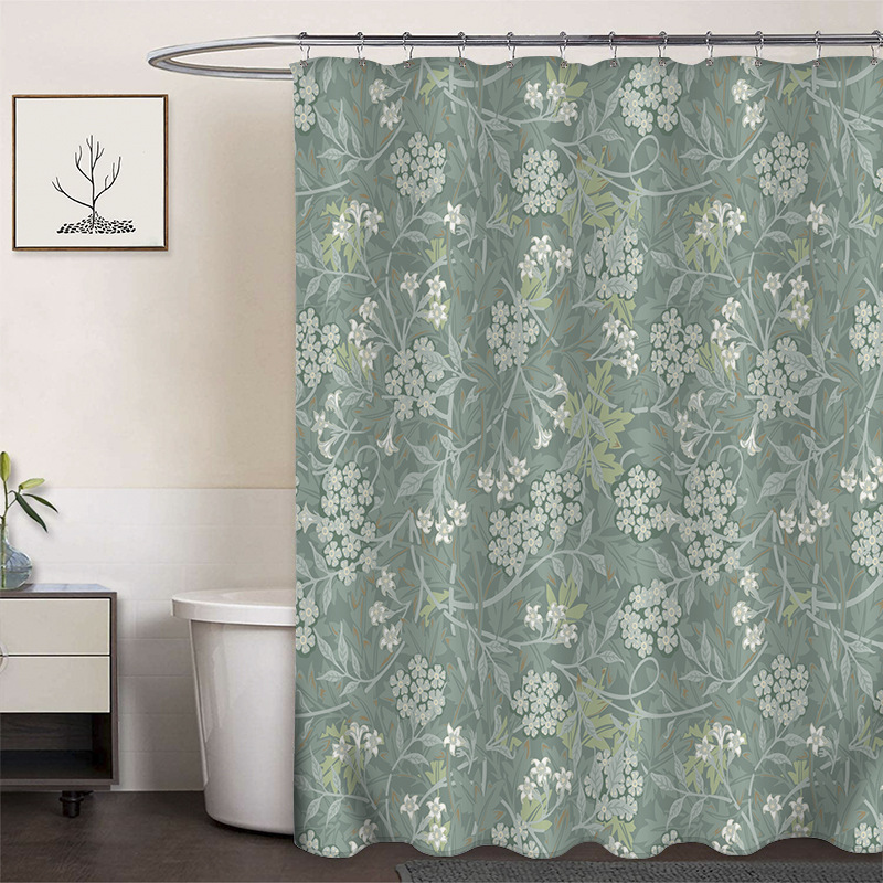 Cortina de ducha de poliéster impresa con hebilla de cortina de ducha de plástico baño cuarto de baño cortina de partición impermeable a prueba de moho