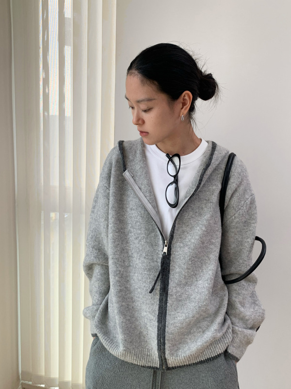 桃乐丝 秋冬新品韩国时髦撞色运动服连帽针织衫拉链直筒开衫毛衣|undefined