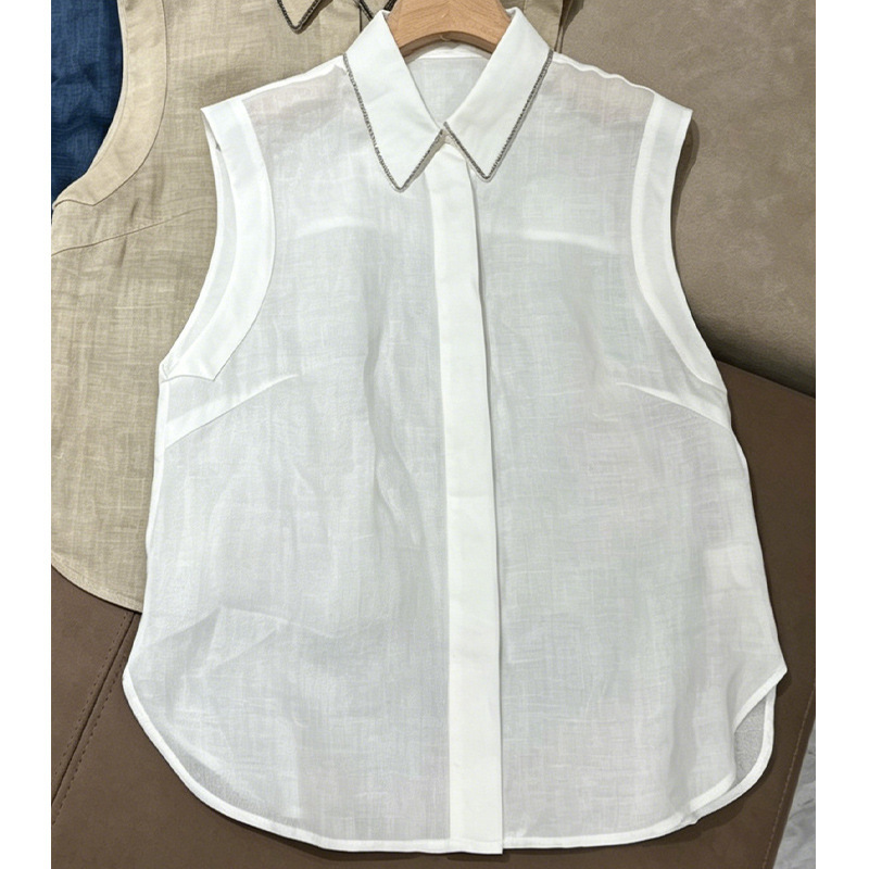 【Source*Order】Beading Lapel Design Loose Business Casual Style Sleeveless Shirt Solid Color Thin Top Trendy 【Source*Order】Beading Lapel Design Loose Business Casual Style Sleeveless Shirt Solid Color Thin Top Trendy