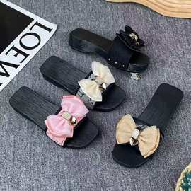 蝴蝶结一字拖女夏季新款配裙子凉拖鞋百搭厚底坡跟海边沙滩鞋外穿