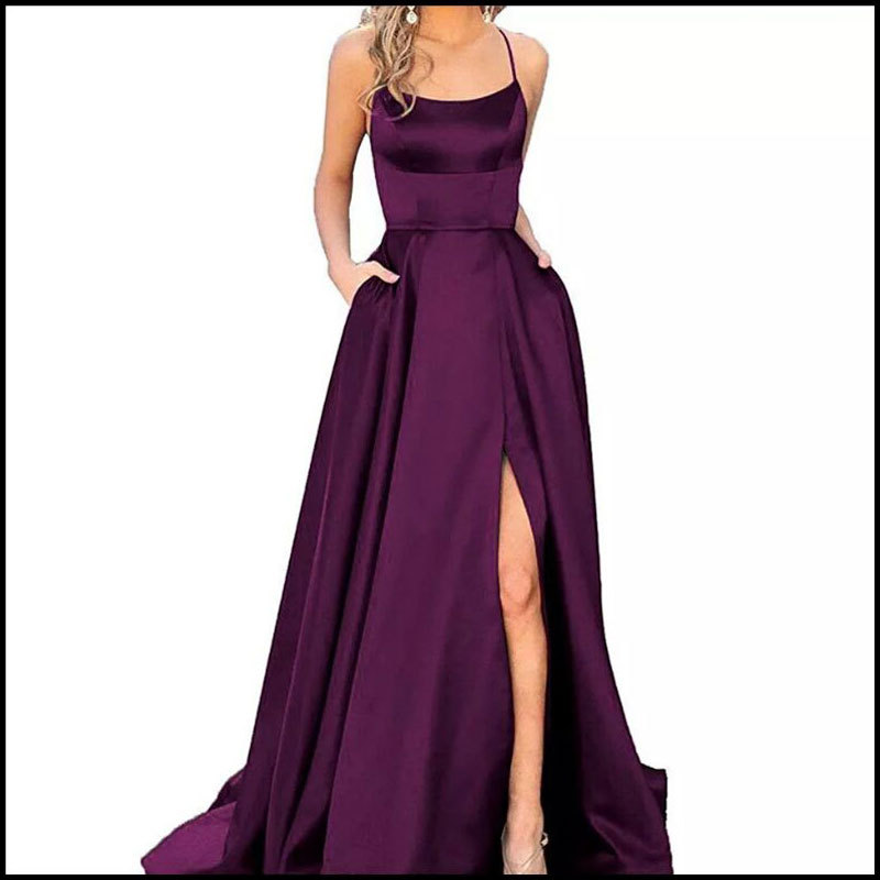 El Comercio exterior europeo y americano Amazon AliExpress deseo vestido de noche de las mujeres sexy Correa simple satén vestido largo
