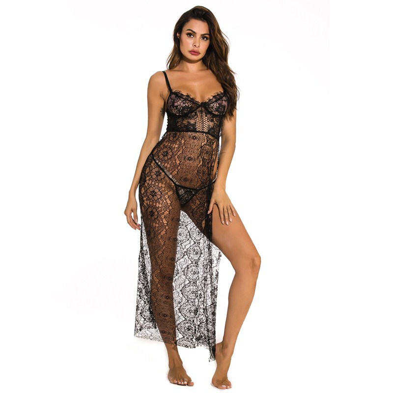 European and American Foreign Trade Cross-Border New Style Sexy Nightgown Pure Lace Sexy Nightgown with Straps See-Through Temptation Sexy Nightgown