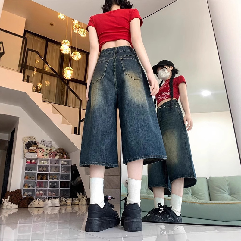 American High Street Retro Wide-Leg Cropped Denim Pants for Women Summer High-Waisted Large Size Slimming Loose Straight Shorts