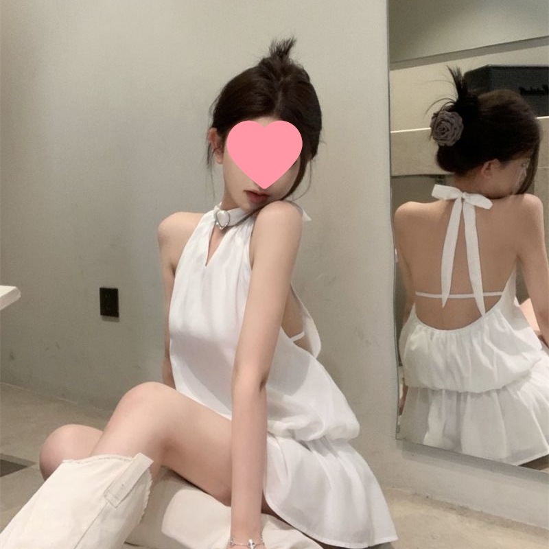 Hollow Neck Small Black Dress Women's Summer New Style Fairy Back Lace-up Hot Girl Solid Color Dress Trendy