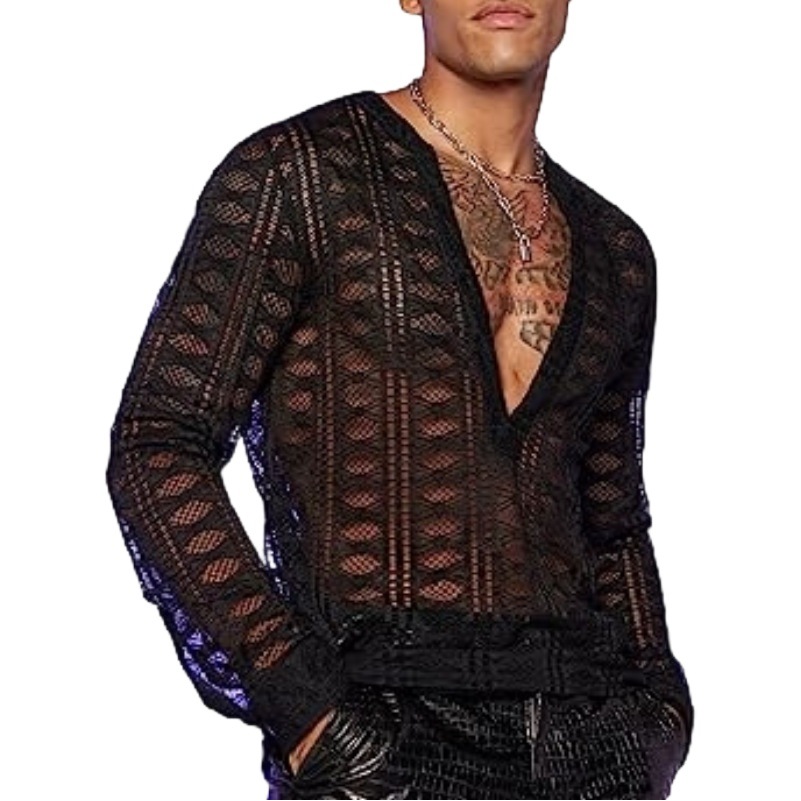 Spot red de pesca de hombre europeo y americano transparente de manga larga con cuello hueco transparente camisa transparente camisa de hombre hueco