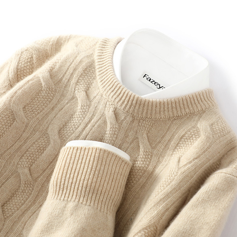 Demi-season woolen knitted sweater with a round collar