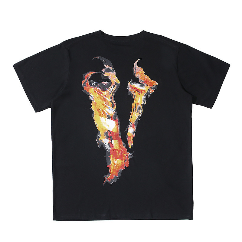 Manufacturer Wholesale European and American Trendy Brand Vlone Independence Day Flame V-Shaped Short-Sleeve Unisex Boyfriend Couple Loose-Fit T-Shirt