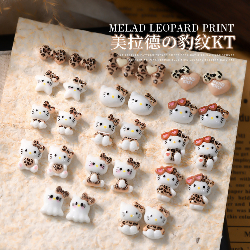 New French Leopard Kt Cat Nail Art Jewelry Three-dimensional Cartoon Maillard Five-pointed Star Love Bow Nail Decoration