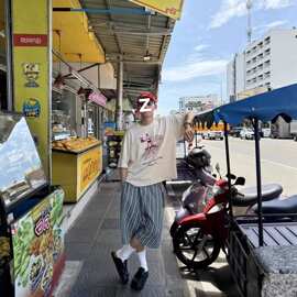 美式复古蓝绿格纹宽松廓形七分裤男女夏季慵懒风直筒休闲裤情侣