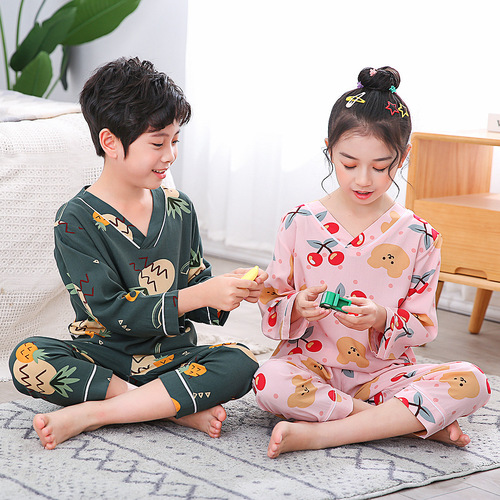 Children's pajamas summer thin children's air-conditioned clothes cotton silk home clothes set cotton silk solid color printing one piece drop shipping