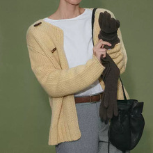 RO ROO 老钱风奶黄色斜门襟重磅毛衣开衫2025冬季新款不规则开衫