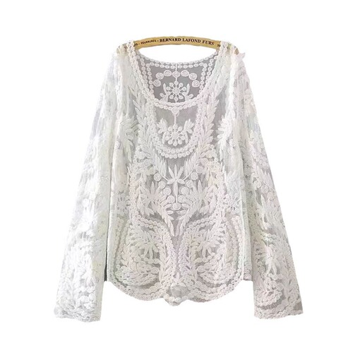 Mesh short-sleeve sun protective jacket for women, suitable for outerwear, layering, and open sweater with embroidery and hollow design.