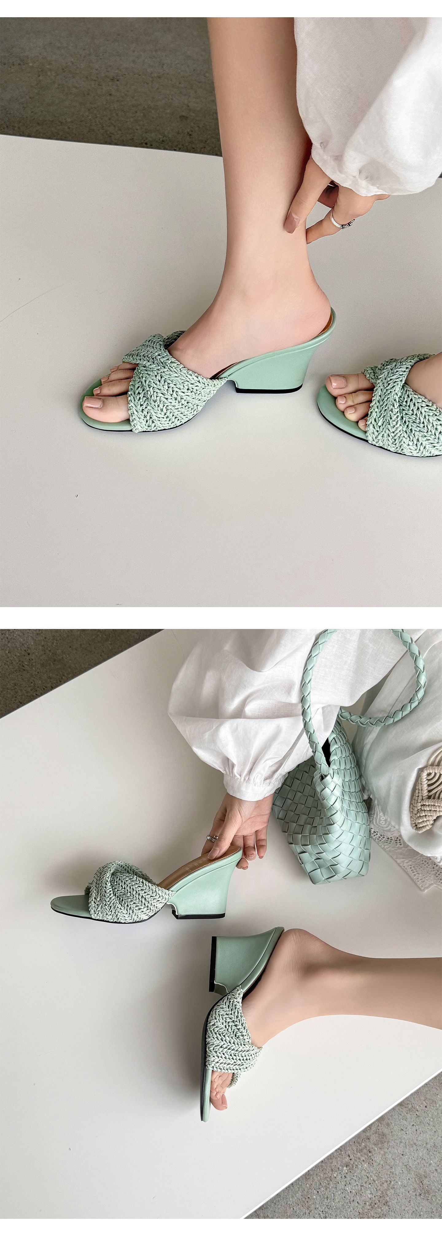 Dép sandal nữ xỏ ngón đế bệt phong cách Pháp, đan rơm, hở mũi, đi biển mùa hè — màu nâu, màu trắng ngà, xanh lá cây chi tiết 7