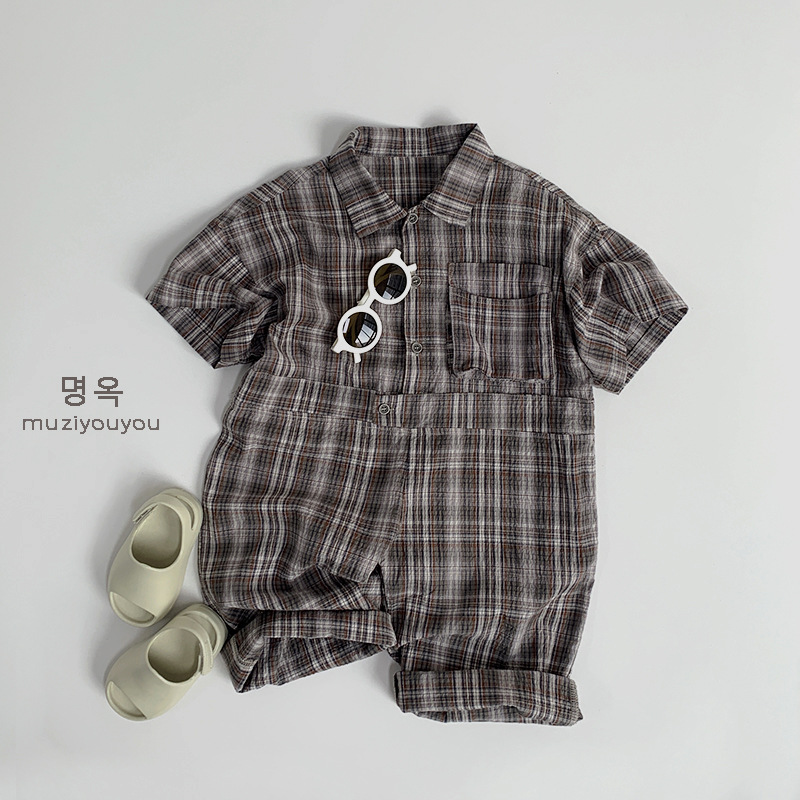Ropa para niños mono personalizado para niños 2025 primavera y verano nuevo estilo para hombres y mujeres bebé mono delgado a cuadros pantalones para niños