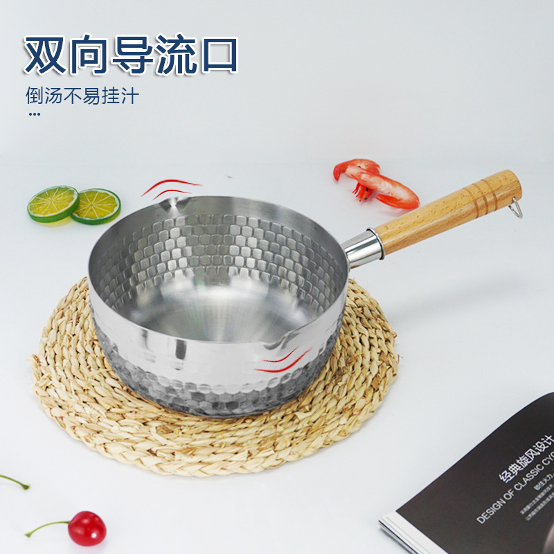 Acero inoxidable de estilo japonés sartén de nieve engrosada no recubierto antiadherente olla de leche hogar mango de madera suplemento de alimentos para bebés olla de sopa de fideos instantáneos