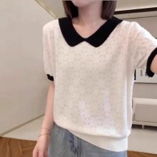 羊毛欧根纱夏季短袖针织衫女 拼色娃娃领薄款上衣