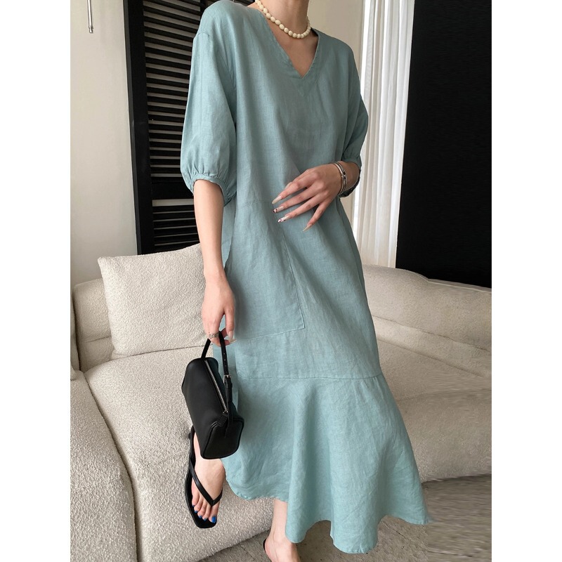 Sinan Gentle and Lazy Style 100% Linen High-End V-Neck Loose Slimming Lantern Sleeve Dress Sn8782