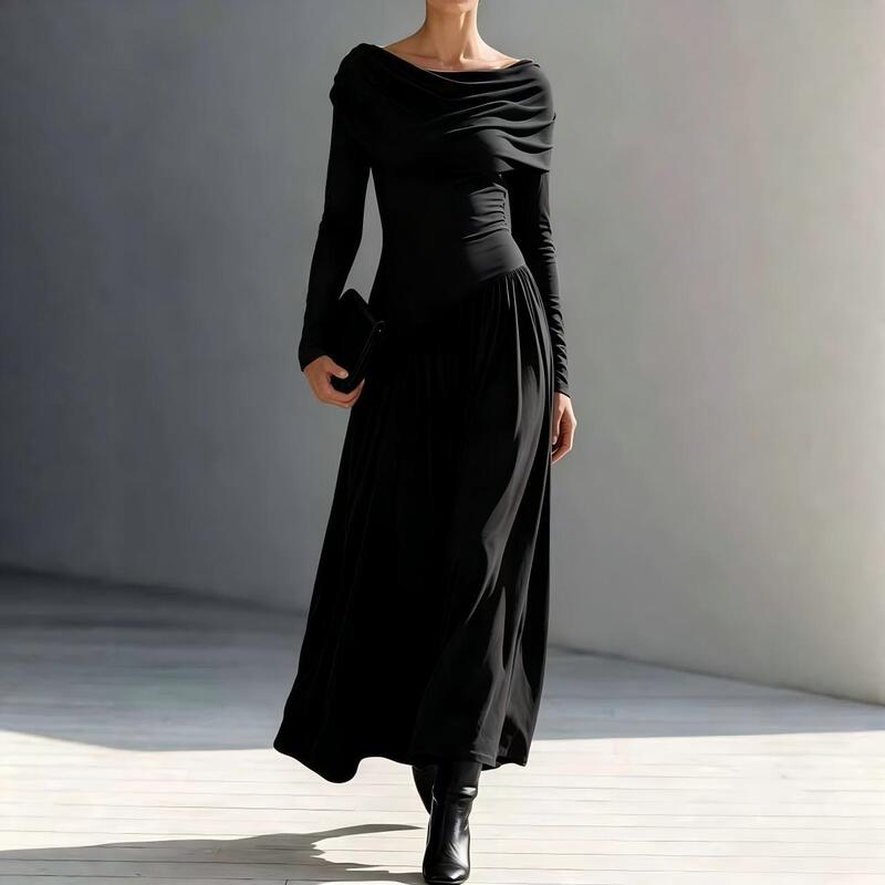 2026 new cross-border European and American style long, slim-fit, long-sleeved, diagonally-cut, pleated, flowing maxi dress with a voluminous hem 2026 new cross-border European and American style long, slim-fit, long-sleeved, diagonally-cut, pleated, flowing maxi dress with a voluminous hem