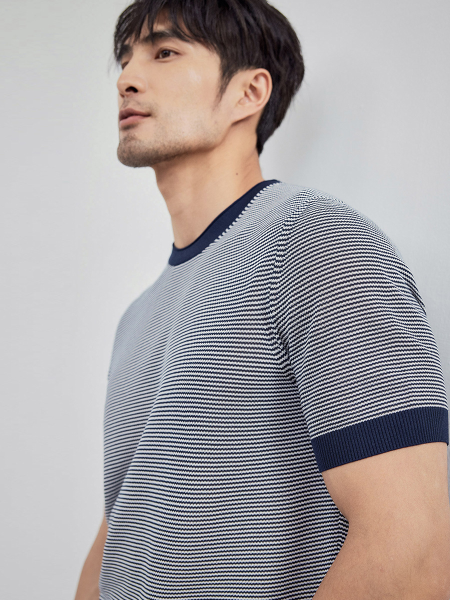 高級紳士半袖2024新型ポロシャツ男性ストライプ通勤日常百円襟折りニットtシャツ