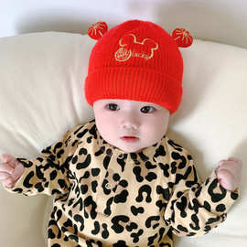 婴儿多福红色喜庆满月毛线帽子纯棉儿童秋冬款新生儿宝宝套头胎帽