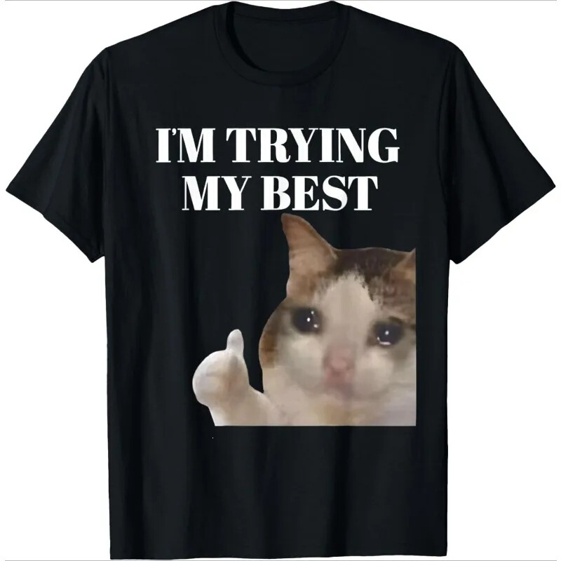 Sad Cat Expression T-Shirt with Humorous Letter Print, Black Short-Sleeve Casual Loose Basic Crew Neck Sad Cat Expression T-Shirt with Humorous Letter Print, Black Short-Sleeve Casual Loose Basic Crew Neck