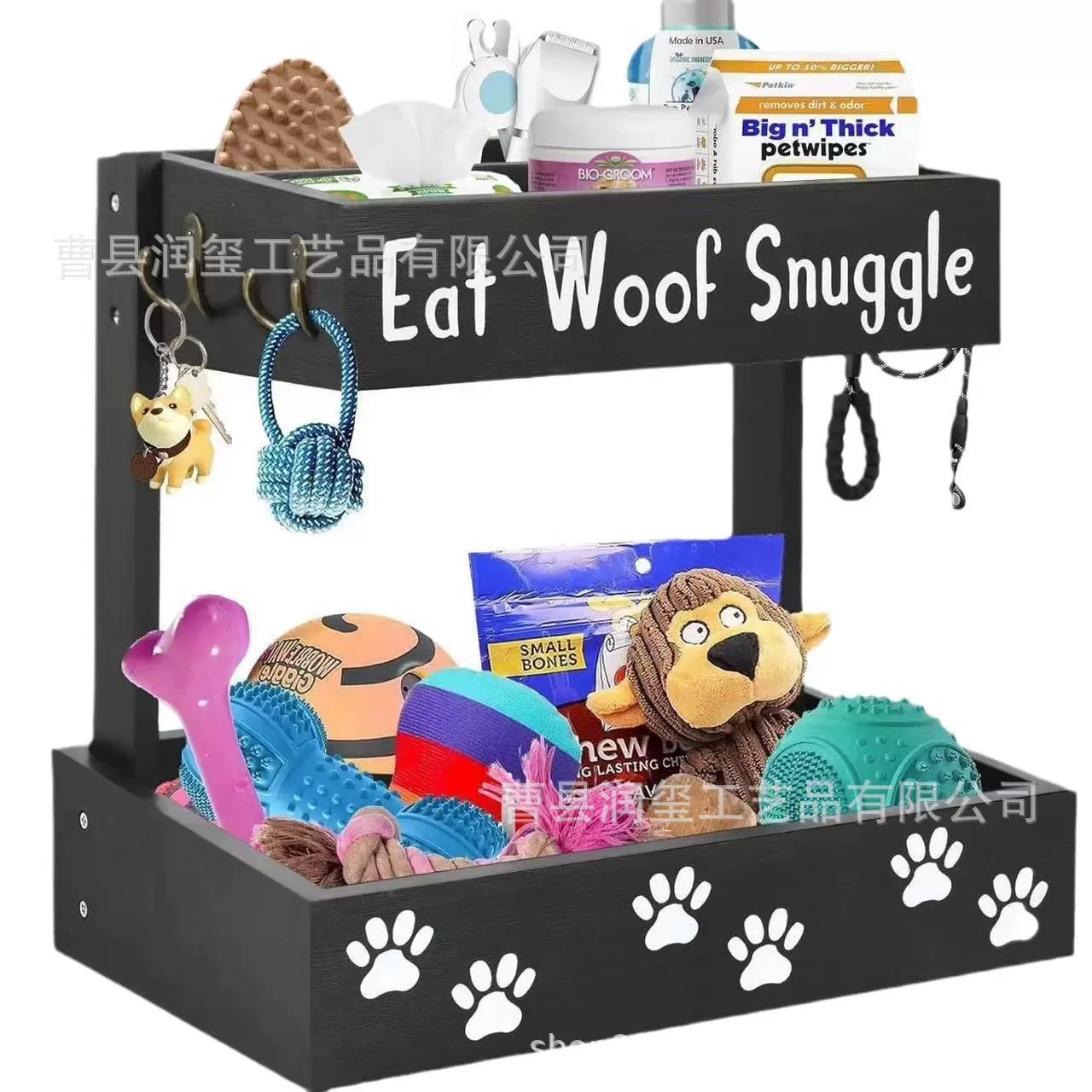 跨境款木质狗狗玩具收纳架 双层宠物零食收纳整理盒 木制宠物用品