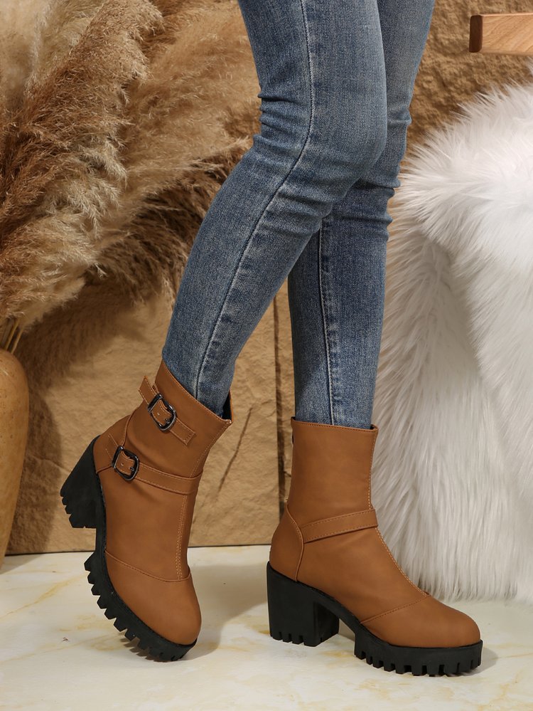 Big size thick heel boots women's autumn and winter fashion belt buckle explosive short boots cotton boots fashion boots_voghion.com