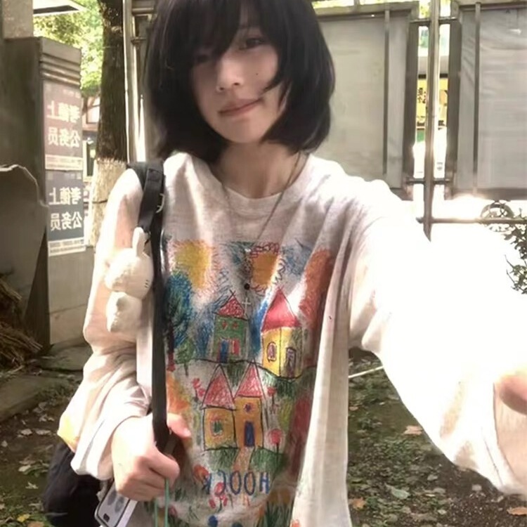 【广州原版面料彩点】色手绘涂鸦防晒罩衫女网纱宽松长袖T恤花色|undefined