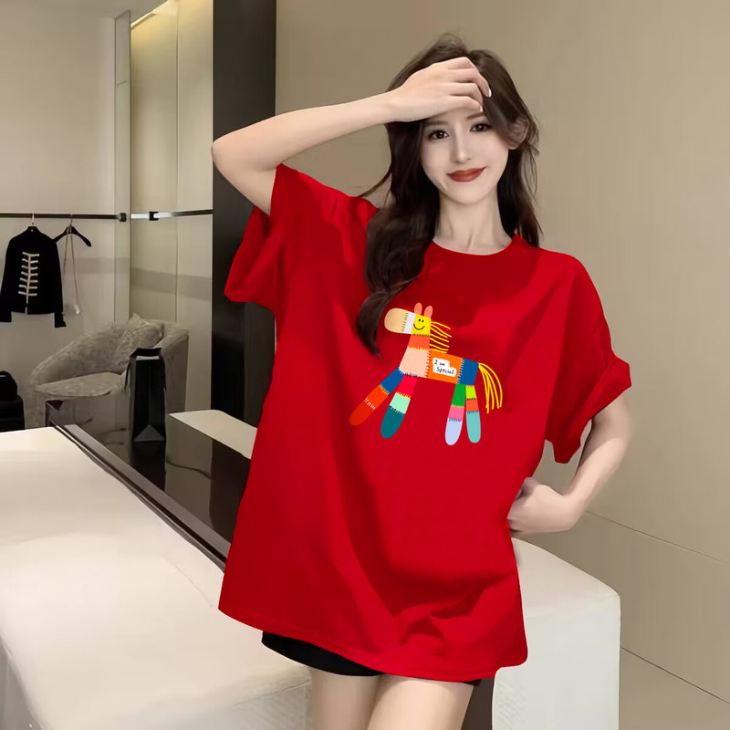 Cartoon Pony Red Cotton Short-Sleeved T-Shirt for Women 2026 Year of the Horse Animal Year Clothes Fashionable Women's Tops Cartoon Pony Red Cotton Short-Sleeved T-Shirt for Women 2026 Year of the Horse Animal Year Clothes Fashionable Women's Tops
