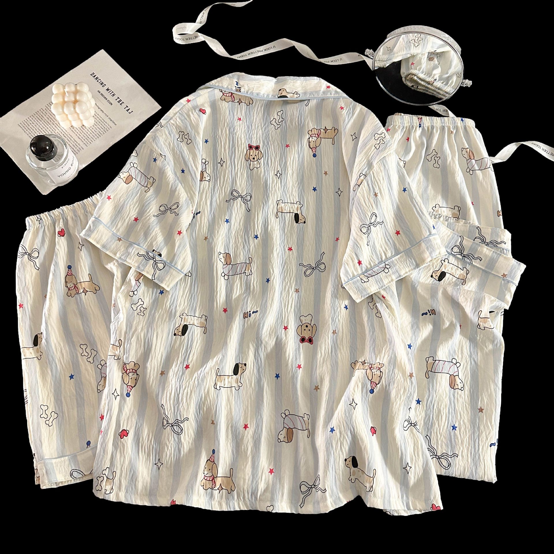 Verano transfronterizo nuevo estilo cómodo nube de algodón de tres piezas solapa pantalones cortos de manga corta pantalones ropa a domicilio traje de pijama de mujer
