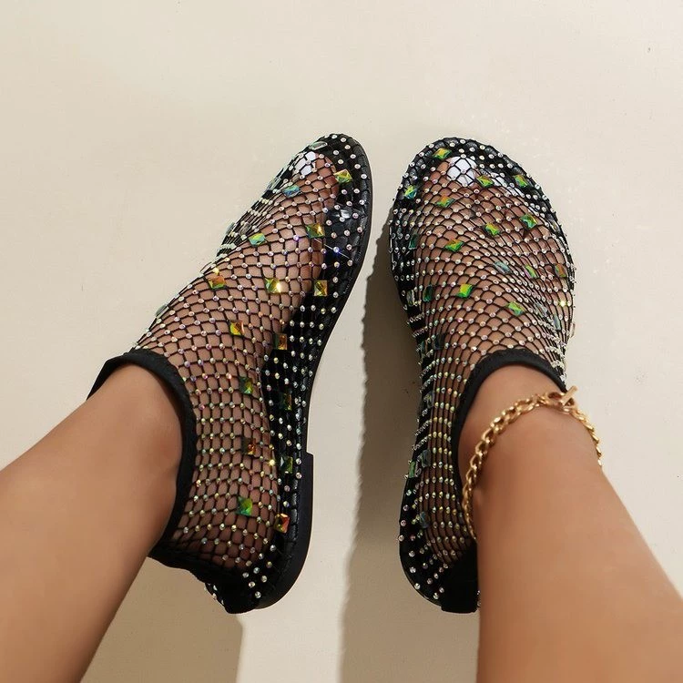Summer mesh ankle boots, rhinestone embellished, elastic ankle band, sizes 36–43