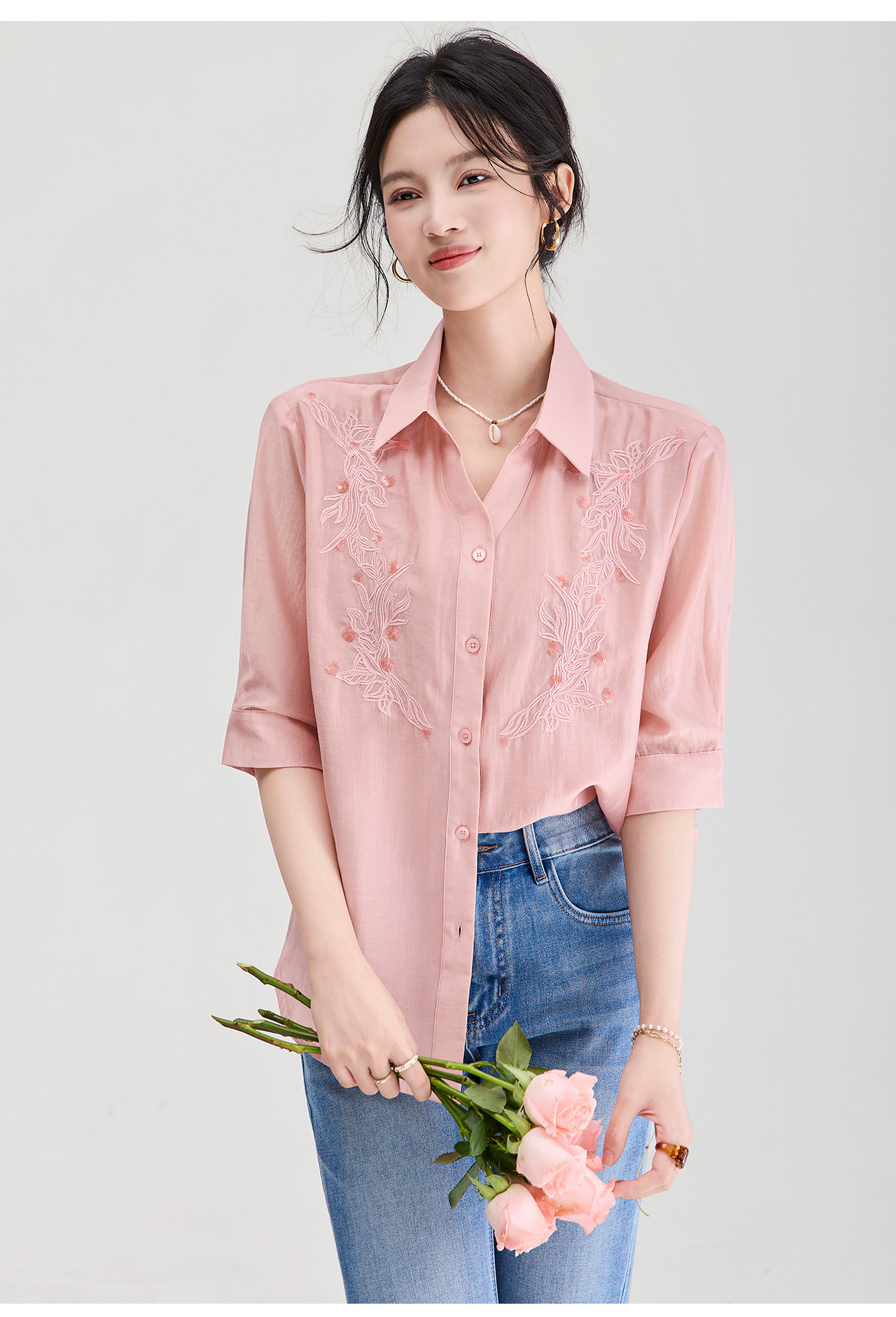 Áo sơ mi nữ tay dài chất liệu Lyocell thêu ren Pháp dáng rộng mùa hè — Bột da chi tiết 14