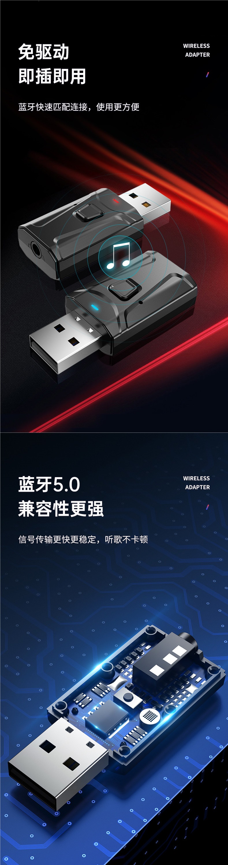Four-in-one Bluetooth 5.0 audio transmitter and receiver for computer, TV, speaker, headphones, and hands-free calling in the car