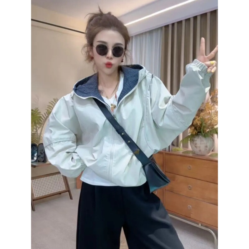 格子拼接连帽冲锋衣短外套女2025秋季韩系设计感休闲百搭夹克上衣|undefined