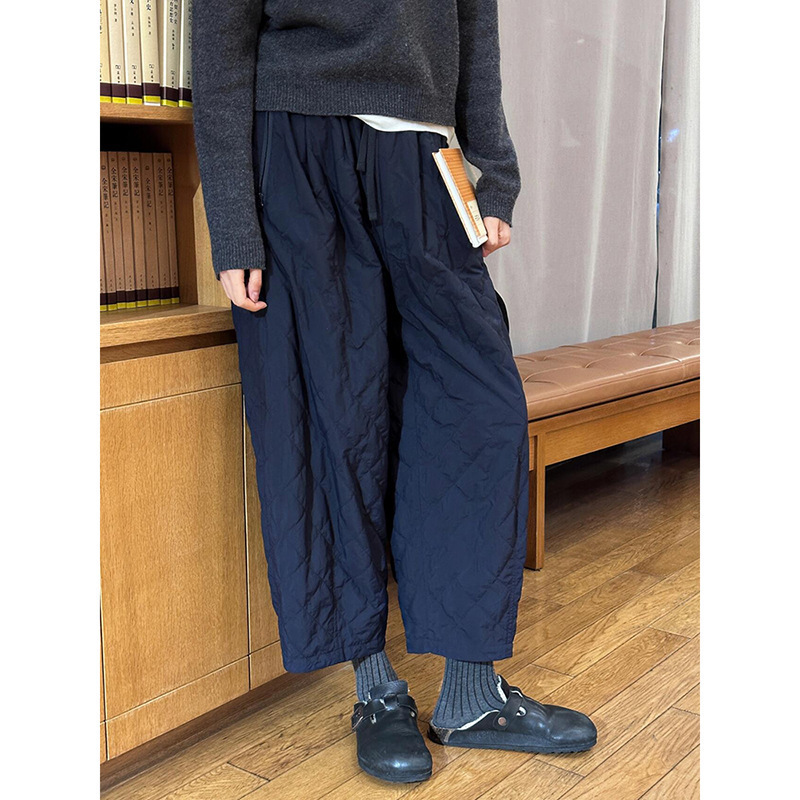 2025 European Popular Style Relaxed Diamond Quilted Cotton Pants Autumn Simple Versatile Elastic Waist Cropped Straight Pants