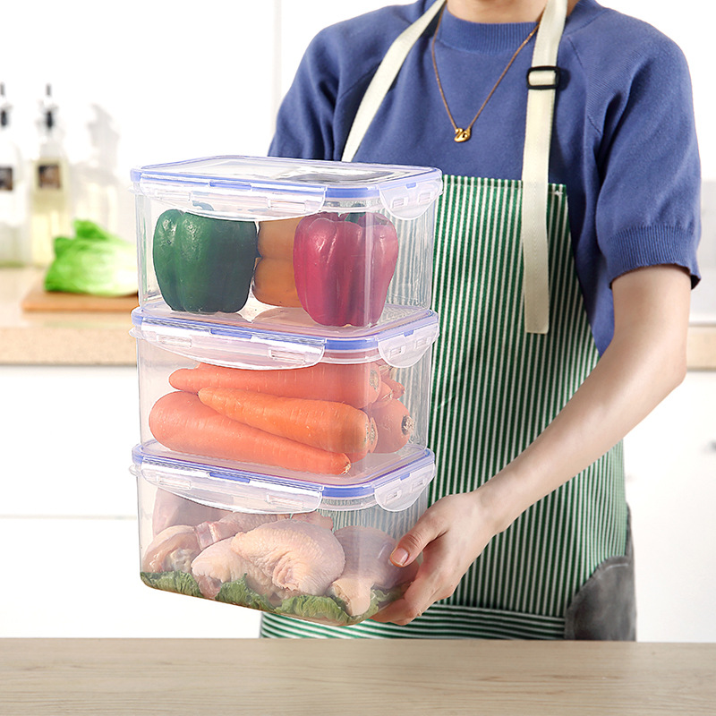 Caja de almacenamiento de plástico para refrigerador doméstico caja de almacenamiento de almacenamiento de almacenamiento al por mayor caja de embalaje de bento gruesa transparente personalizada