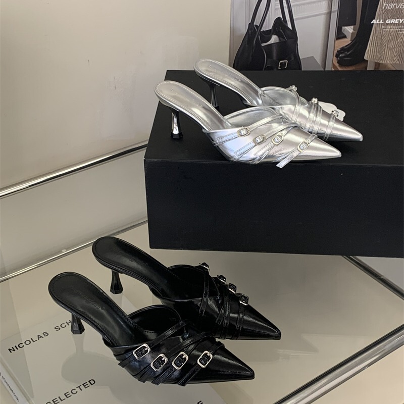 New Style Silver Pointed-Toe Single Shoes for Women, Spring and Summer Outdoor Wear, Belt Buckle Closed-Toe Sandals, Thin High-Heeled Mules for Women, Black New Style Silver Pointed-Toe Single Shoes for Women, Spring and Summer Outdoor Wear, Belt Buckle Closed-Toe Sandals, Thin High-Heeled Mules for Women, Black