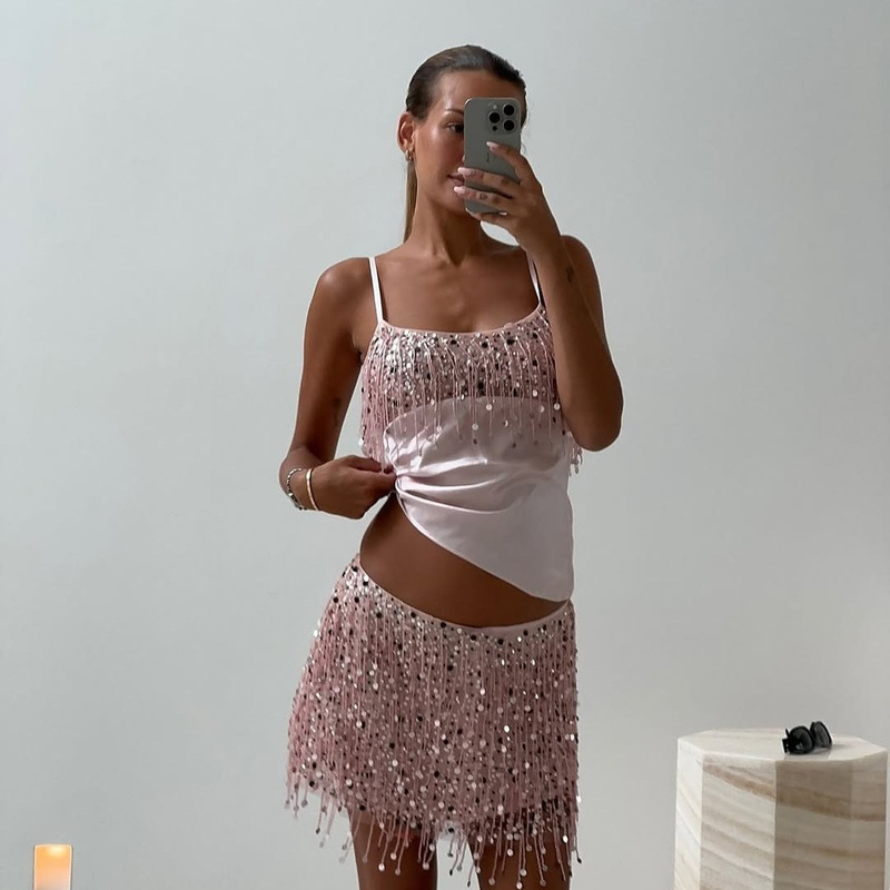 2025 Cross-Border Independent Station New Pink Glitter Sexy Tassel Slim Fit Two-Piece Suspender Skirt Suit 2025 Cross-Border Independent Station New Pink Glitter Sexy Tassel Slim Fit Two-Piece Suspender Skirt Suit