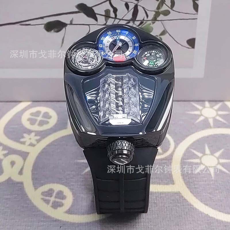 In-Stock Men's Sports Engine Watch Multifunctional Quartz Watch Men's Bugatti 16-Cylinder Engine Skeleton Watch