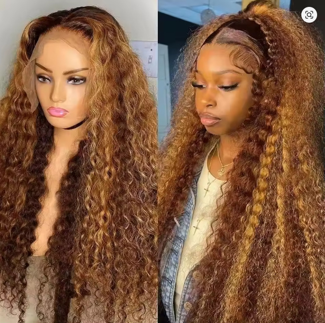 Women's Long Curly Synthetic Wig Front Lace Trim African Fashion Piano Color Hair Extension Clip-in_voghion.com