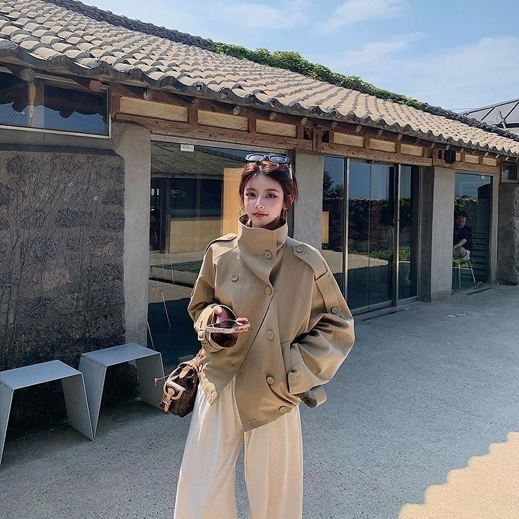 MM928斜立领双排扣下摆收褶美拉德高级感短风衣女2026秋新夹克潮