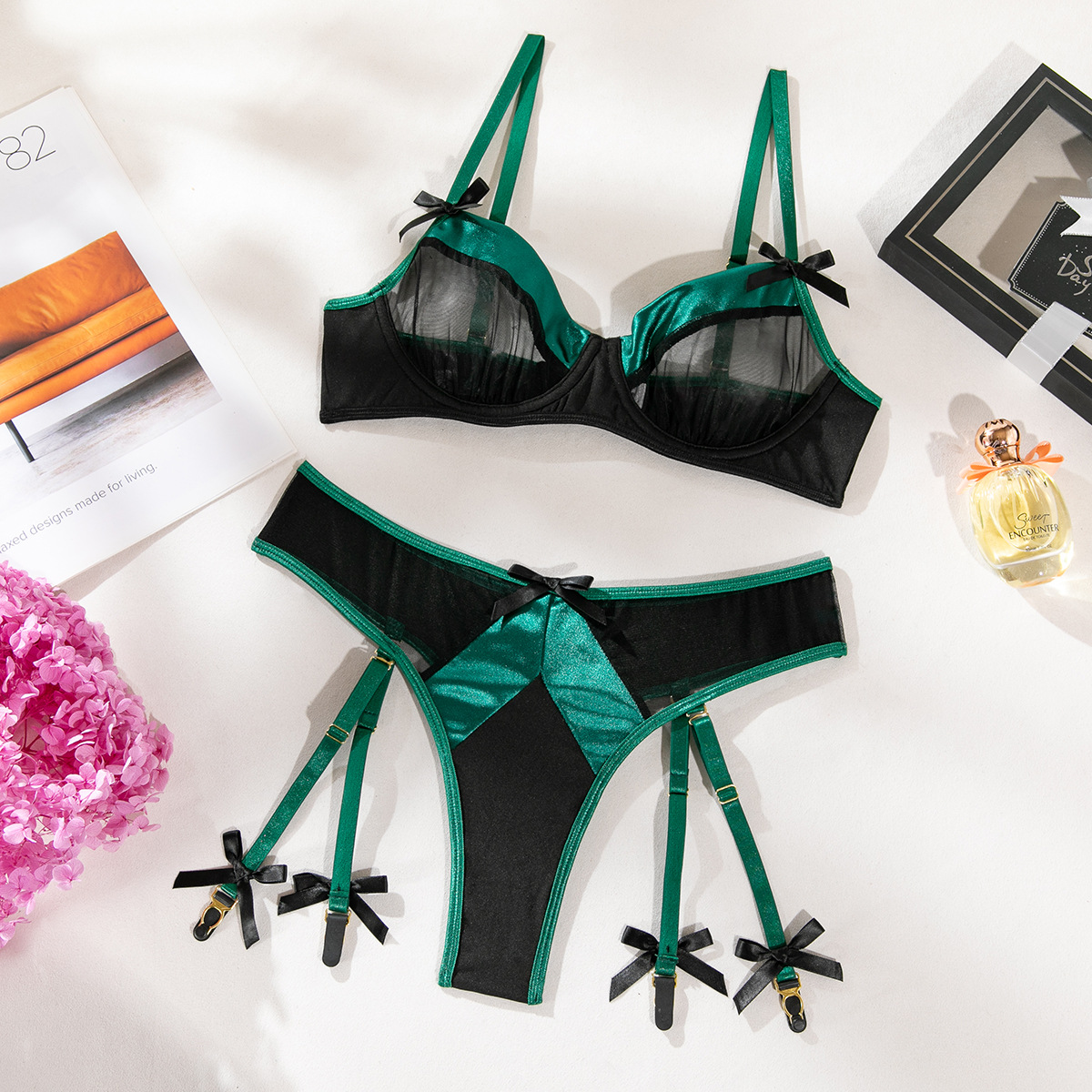 119g Weight Women's Sexy Color Block Sexy Lingerie Sets Home Sleeping Sheer Bra Low Waist Thong Sexy Lingerie