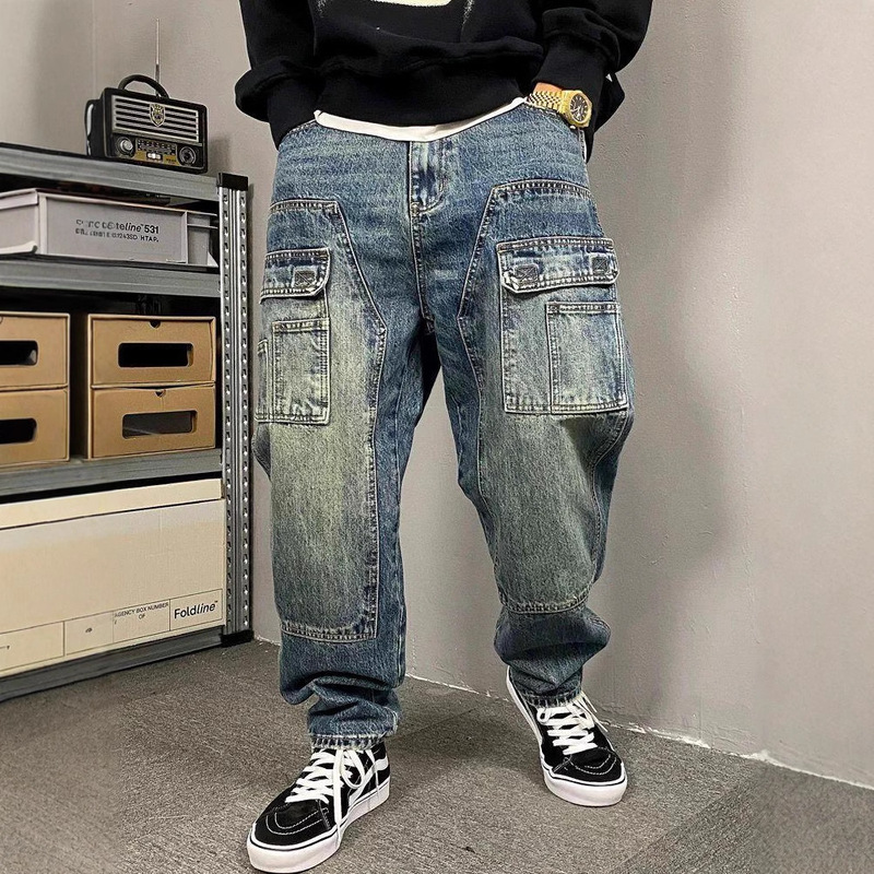 Spring and Autumn American Casual Puppies Handsome Washed Vintage Tooling Jeans Men's Straight Loose High Street Tapered Trendy Pants