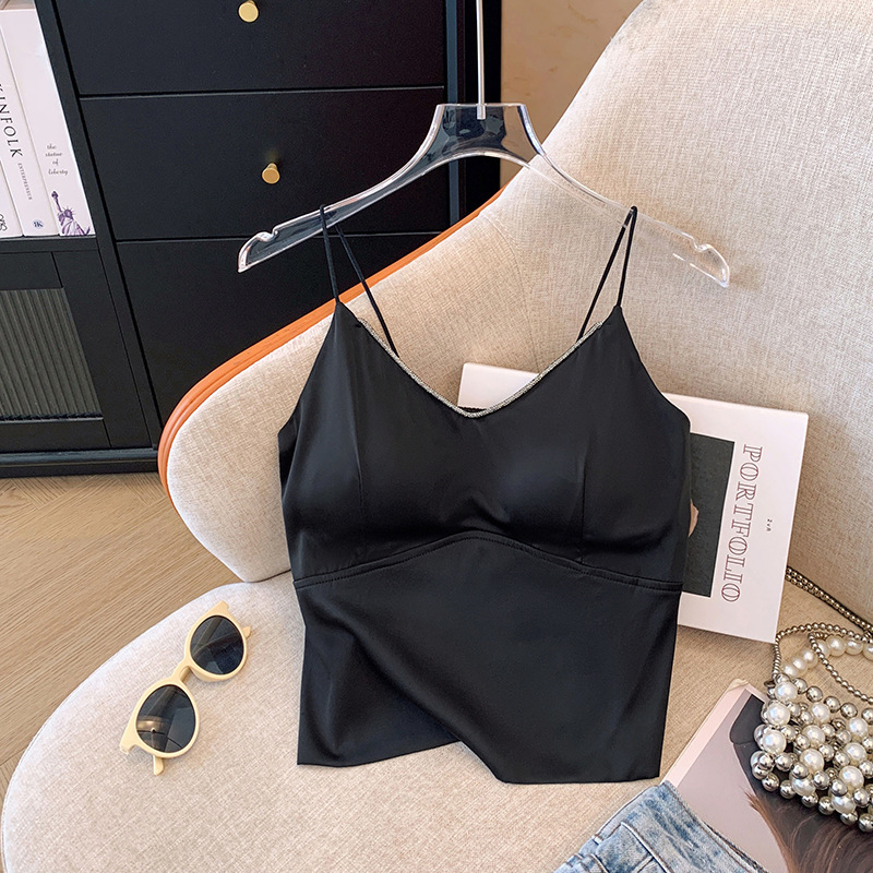 Elegant V-neck Acetic Acid Vest Sling with Chest Pad Women's Summer Black Satin Stylish Fashionable Sleeveless Top with Diamond