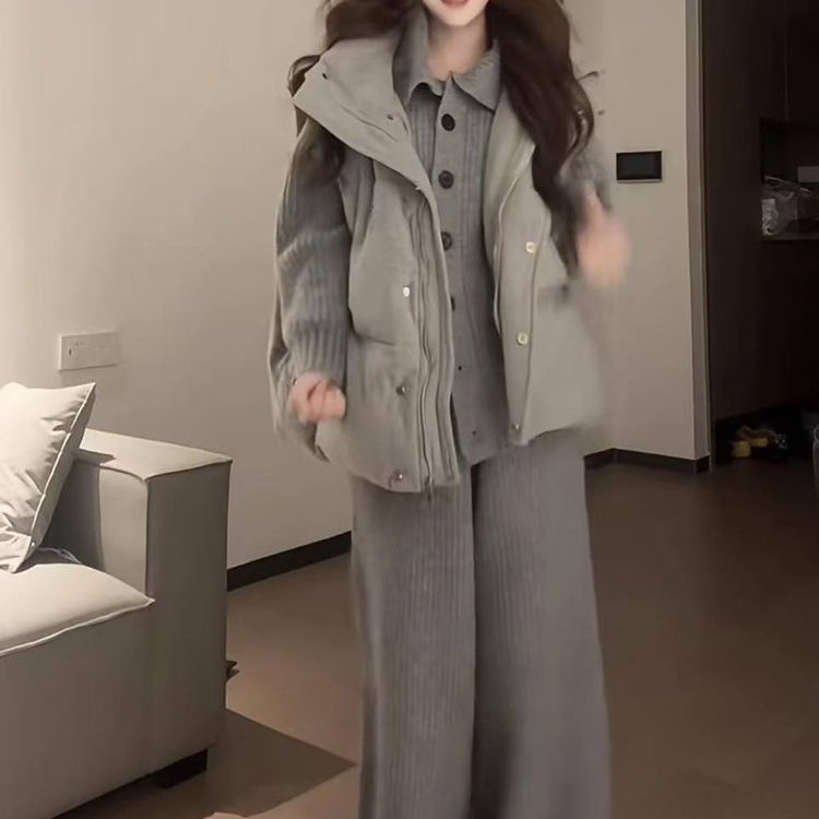 秋冬复古韩系慵懒风一整套宽松棉服马甲女+灰色开衫毛衣+阔腿裤潮